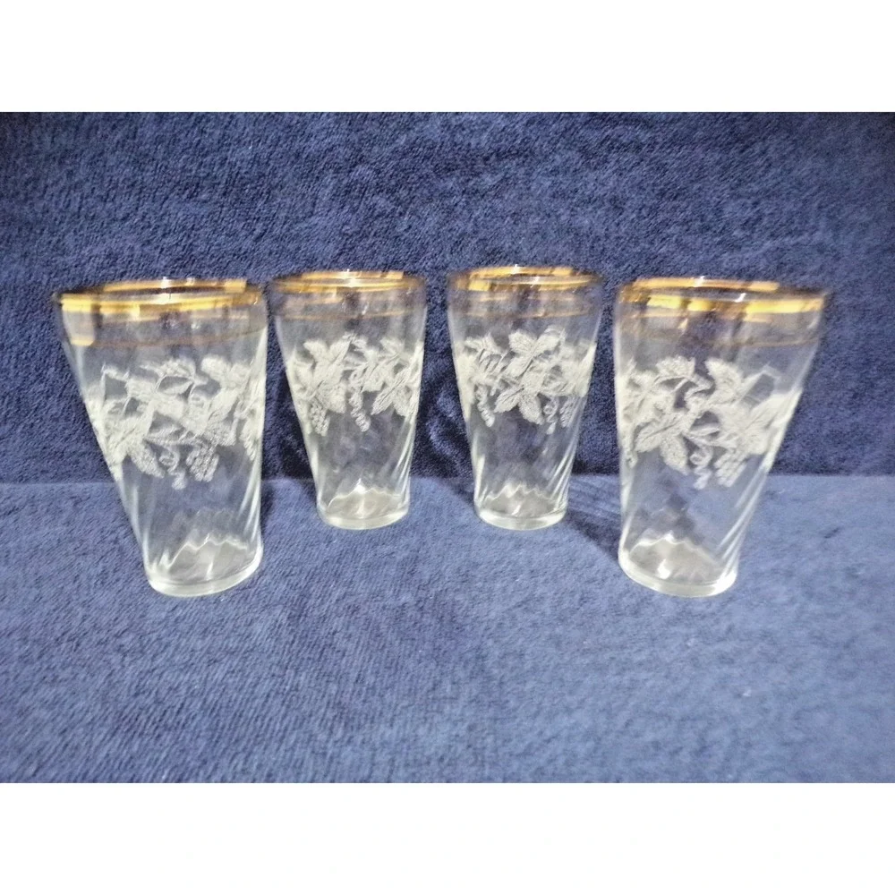 Bartlett Collins Frosted Etched w/Gold Rim Grape Swirl 8 oz Classes Set of 4 MCM